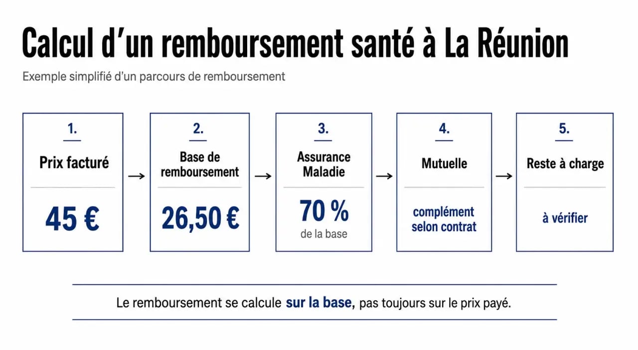 Optimiser le remboursement de vos frais de santé à La Réunion avec un schéma visuel du calcul du reste à charge